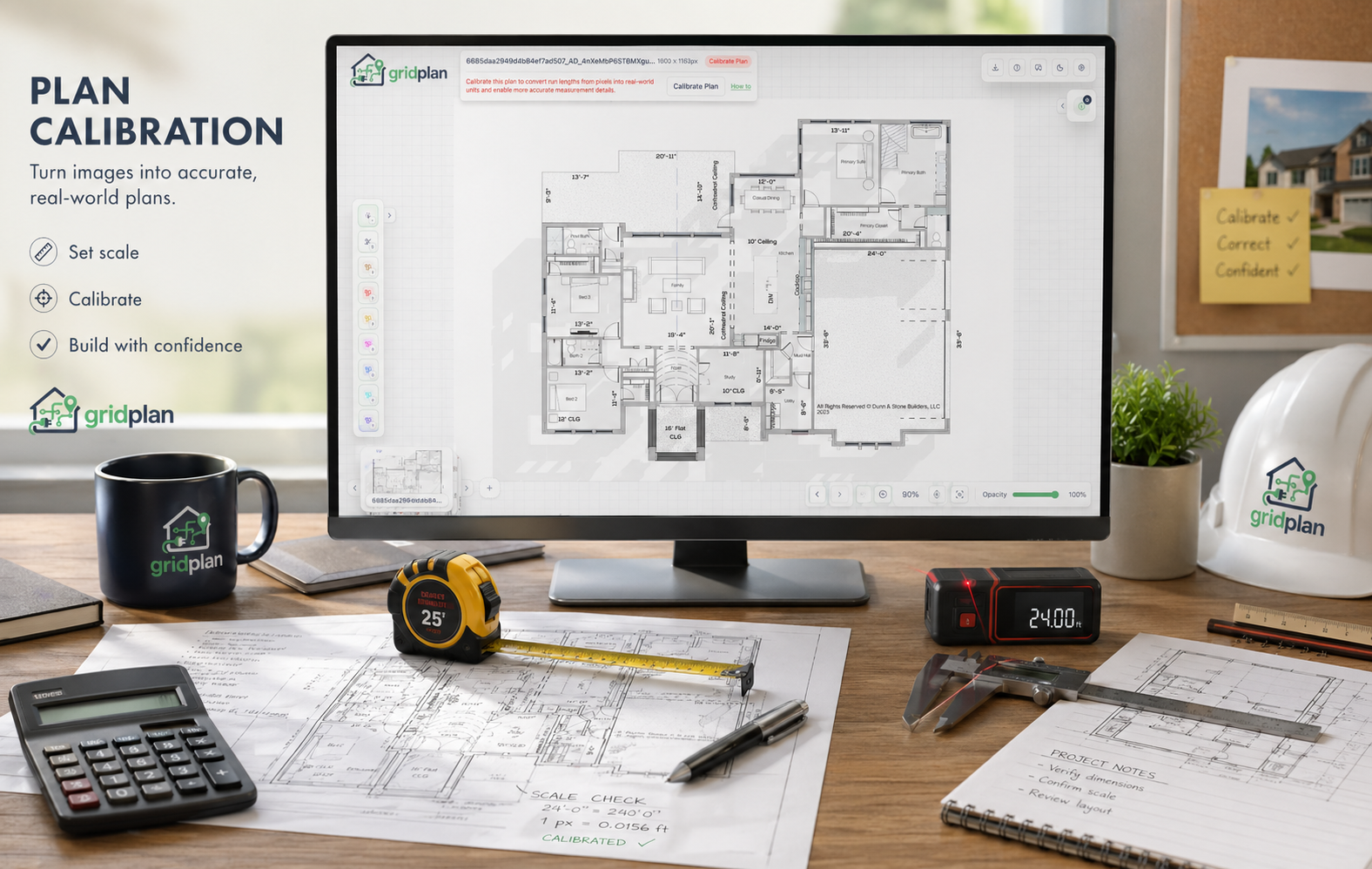 A calibration line and measurements on a technical plan in GridPlan.